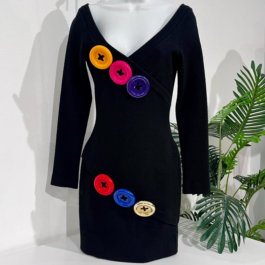 Vintage Patrick Kelly Black Mini Dress with Multicolor Button Pins