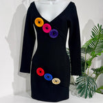 Vintage Patrick Kelly Black Mini Dress with Multicolor Button Pins