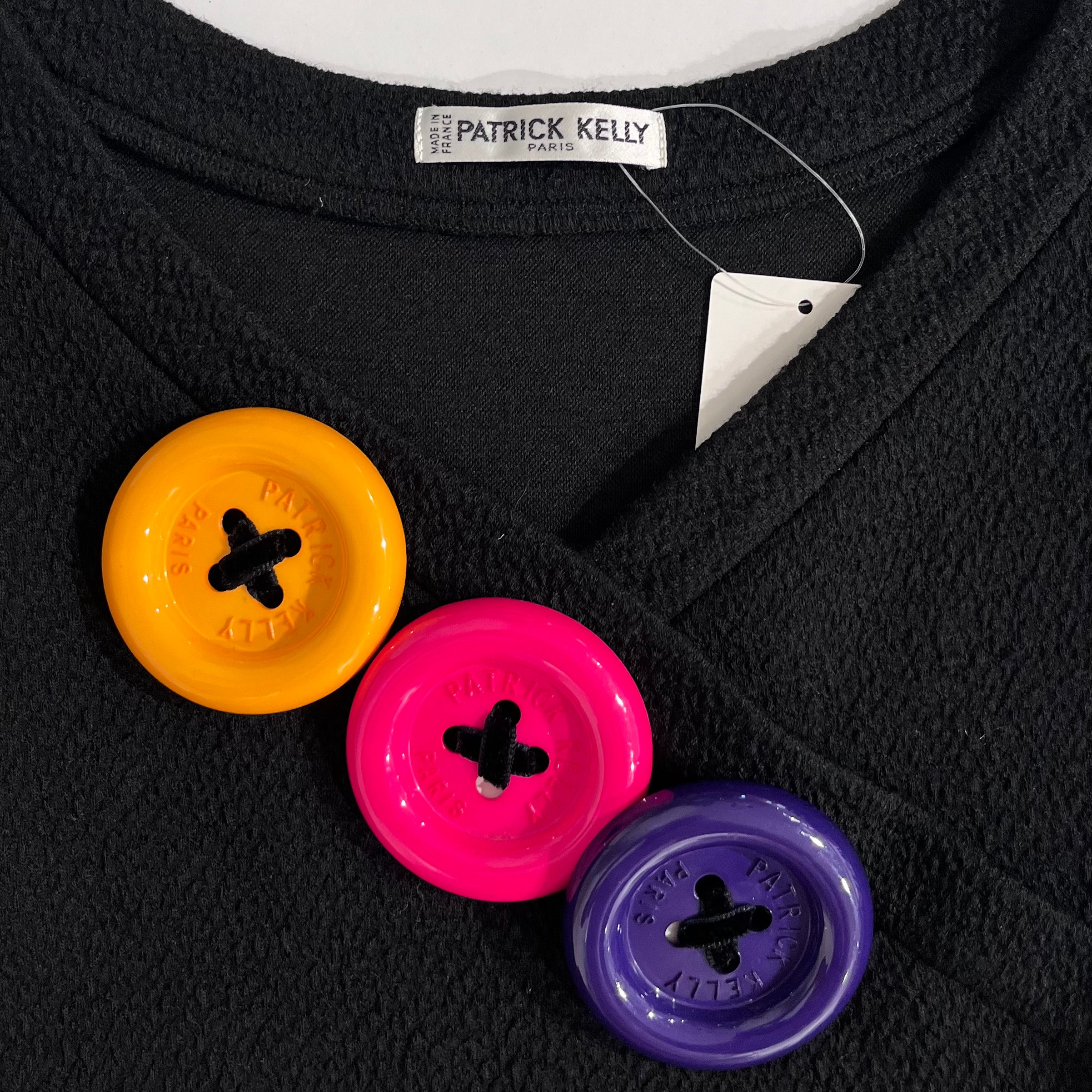 Vintage Patrick Kelly Black Mini Dress with Multicolor Button Pins