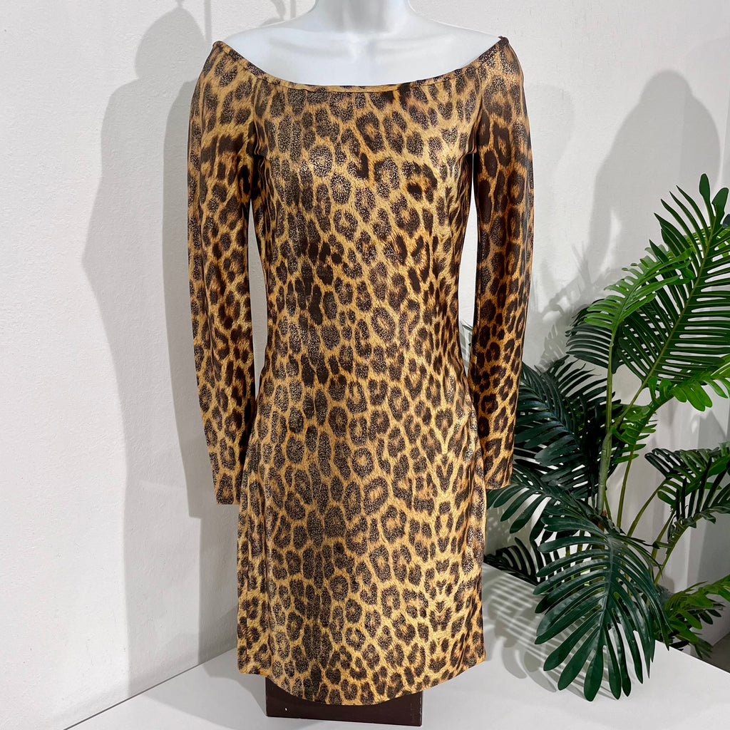 Vintage Patrick Kelly Metallic Gold Leopard Print Mini Dress