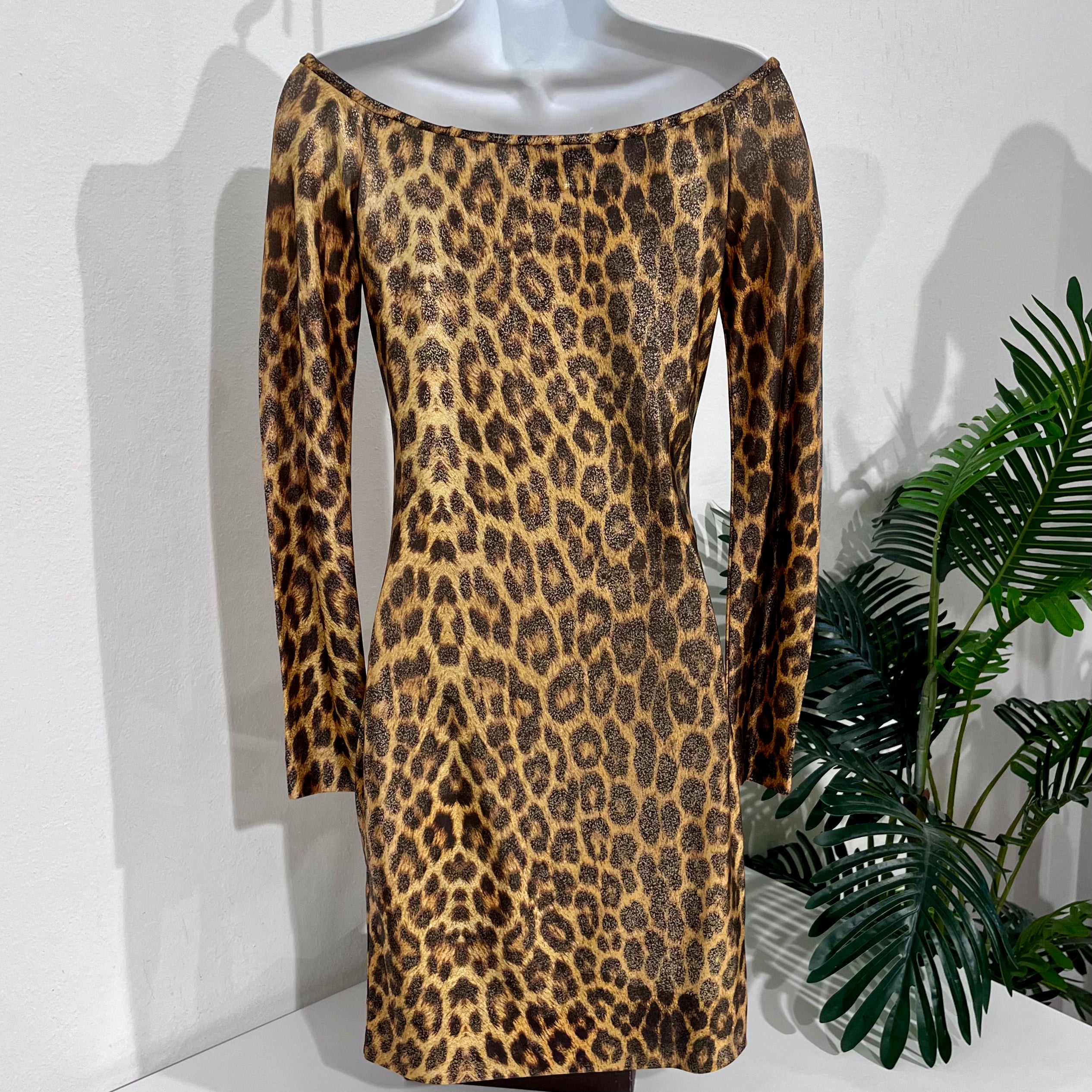 Vintage Patrick Kelly Metallic Gold Leopard Print Mini Dress