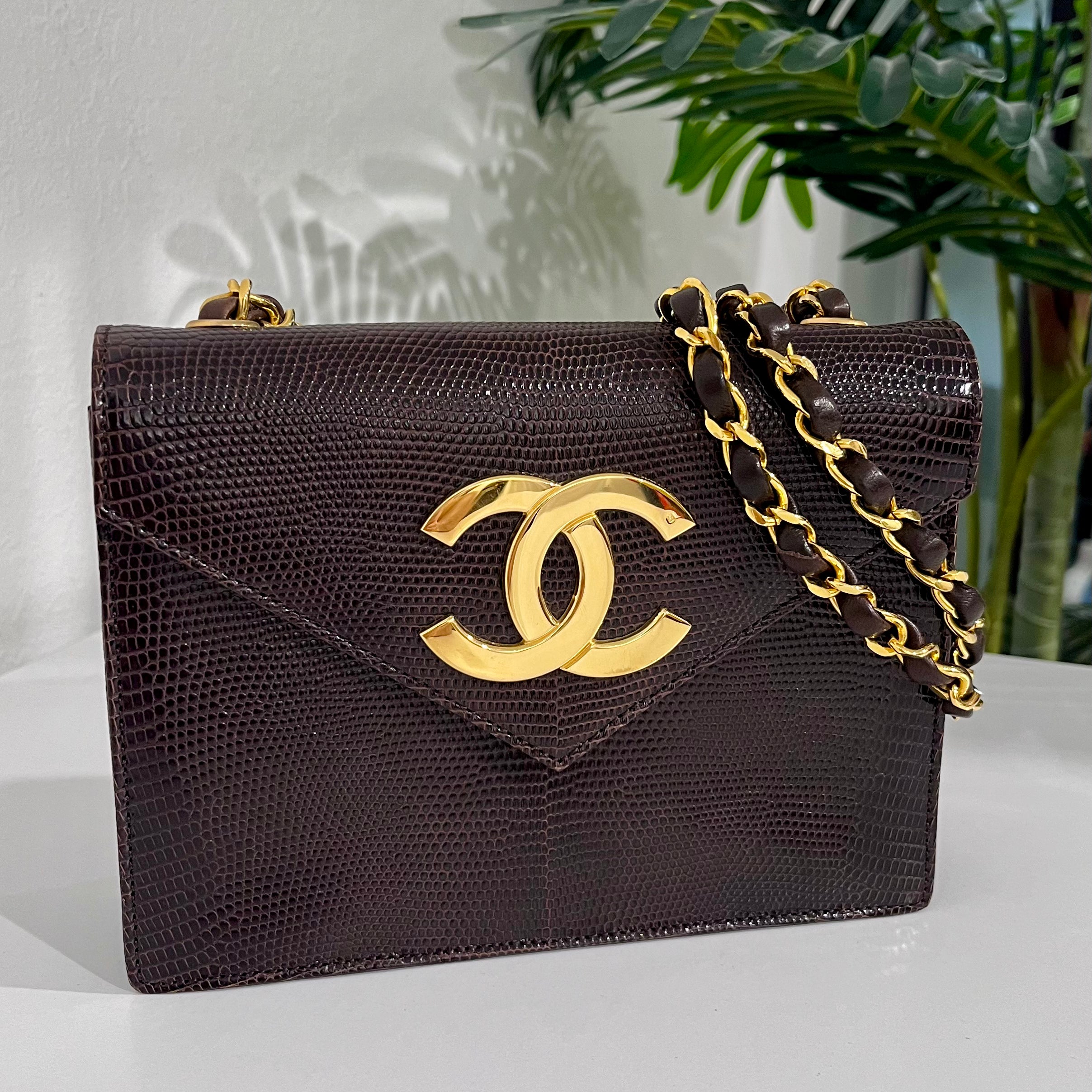 Chanel Vintage Brown Lizard Skin & Gold CC Logo Envelope Flap Bag