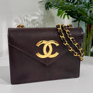 Chanel Vintage Brown Lizard Skin & Gold CC Logo Envelope Flap Bag