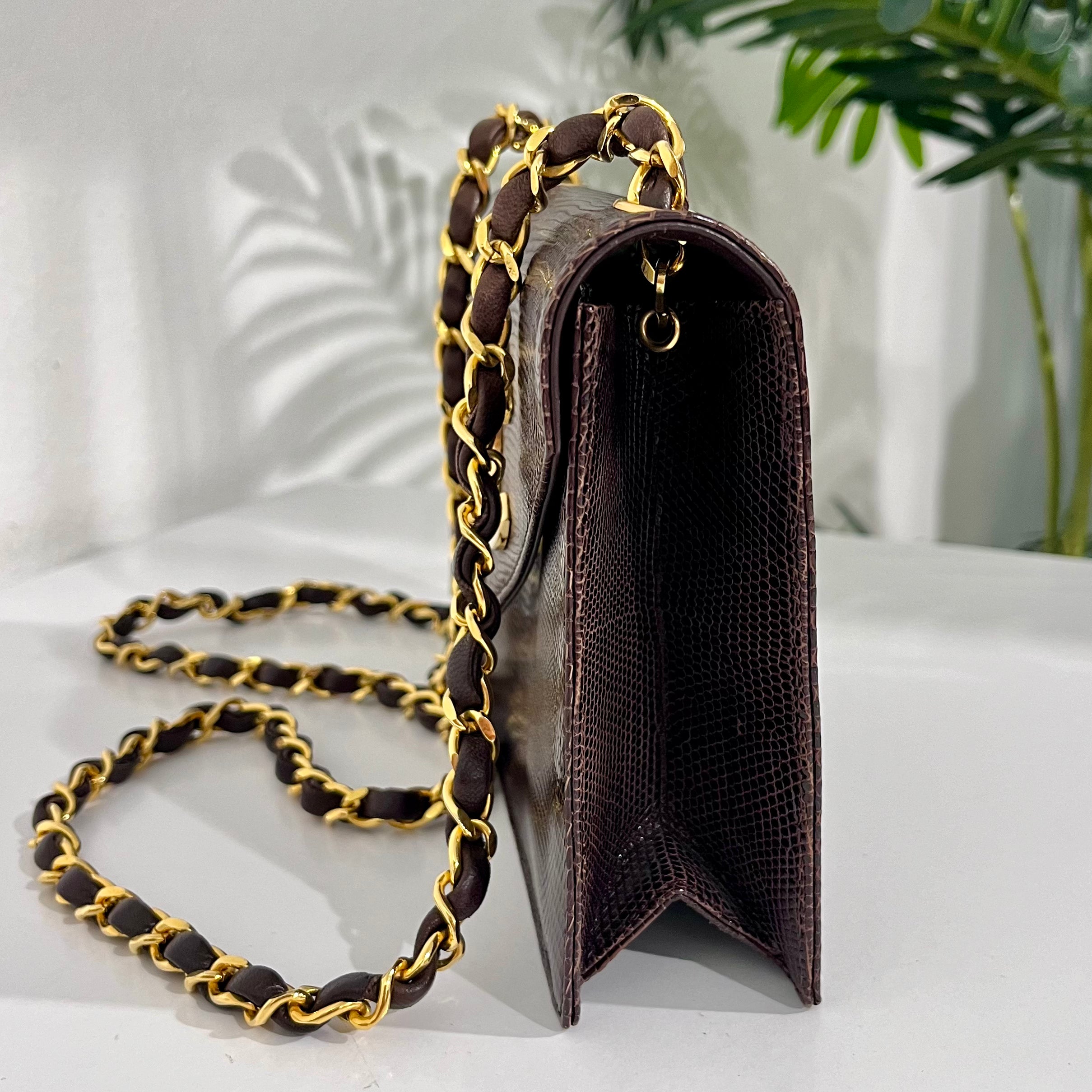Chanel Vintage Brown Lizard Skin & Gold CC Logo Envelope Flap Bag