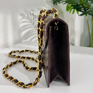 Chanel Vintage Brown Lizard Skin & Gold CC Logo Envelope Flap Bag