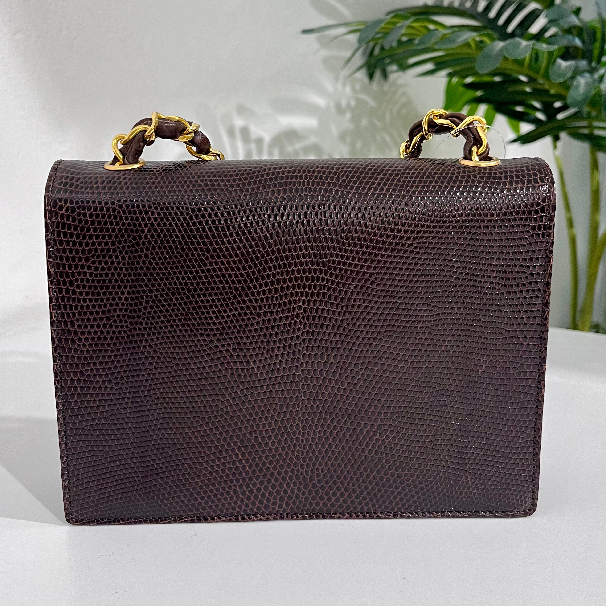 Chanel Vintage Brown Lizard Skin & Gold CC Logo Envelope Flap Bag