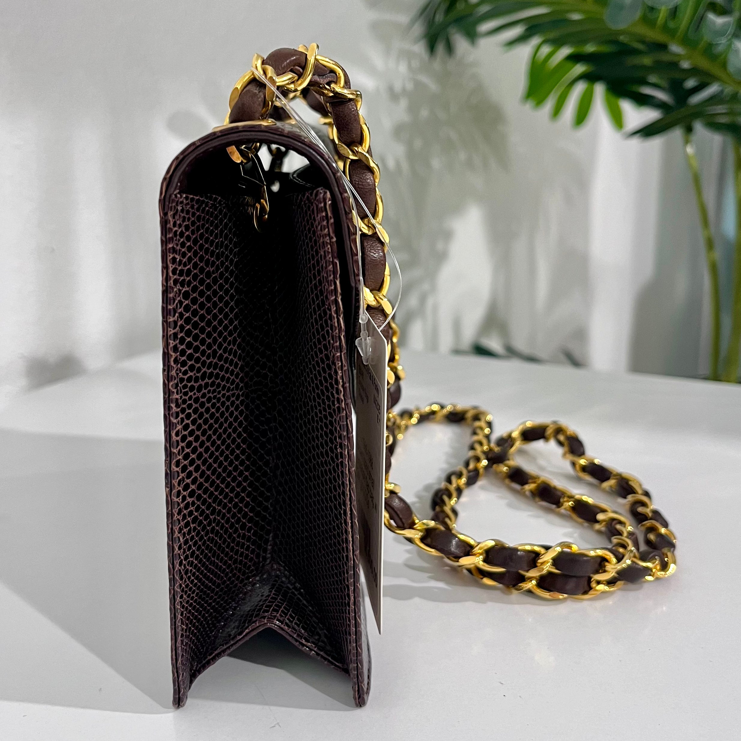 Chanel Vintage Brown Lizard Skin & Gold CC Logo Envelope Flap Bag