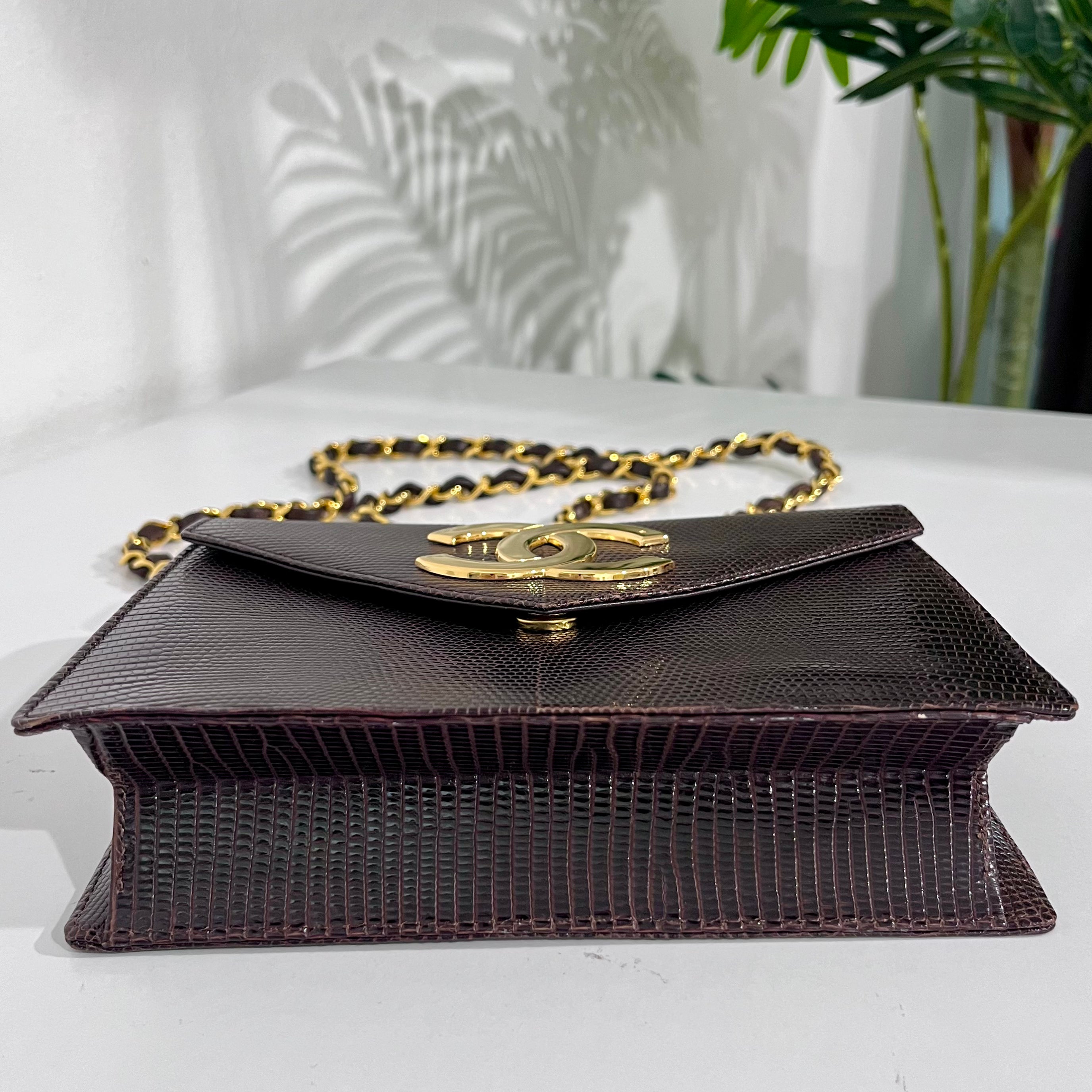Chanel Vintage Brown Lizard Skin & Gold CC Logo Envelope Flap Bag
