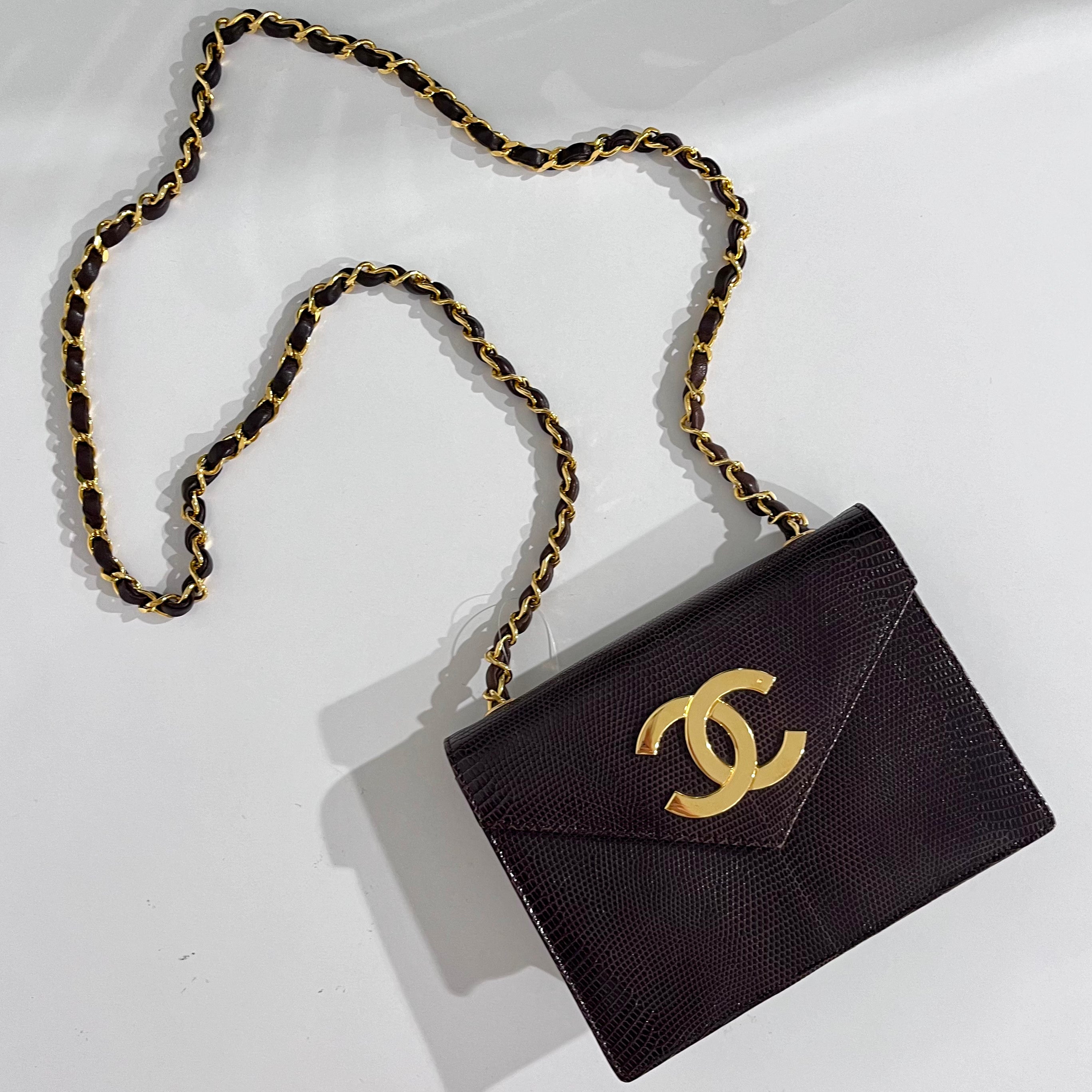 Chanel Vintage Brown Lizard Skin & Gold CC Logo Envelope Flap Bag