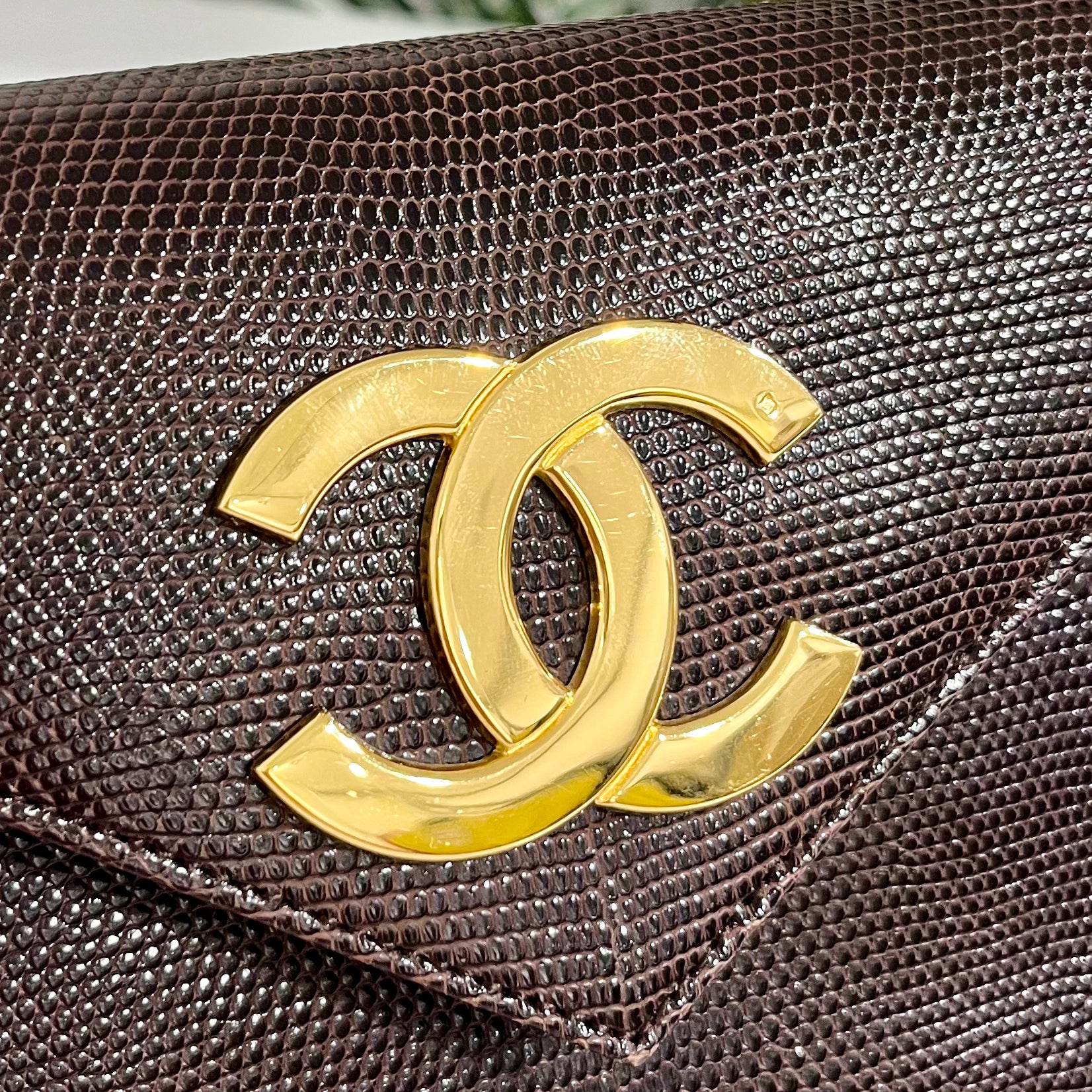 Chanel Vintage Brown Lizard Skin & Gold CC Logo Envelope Flap Bag