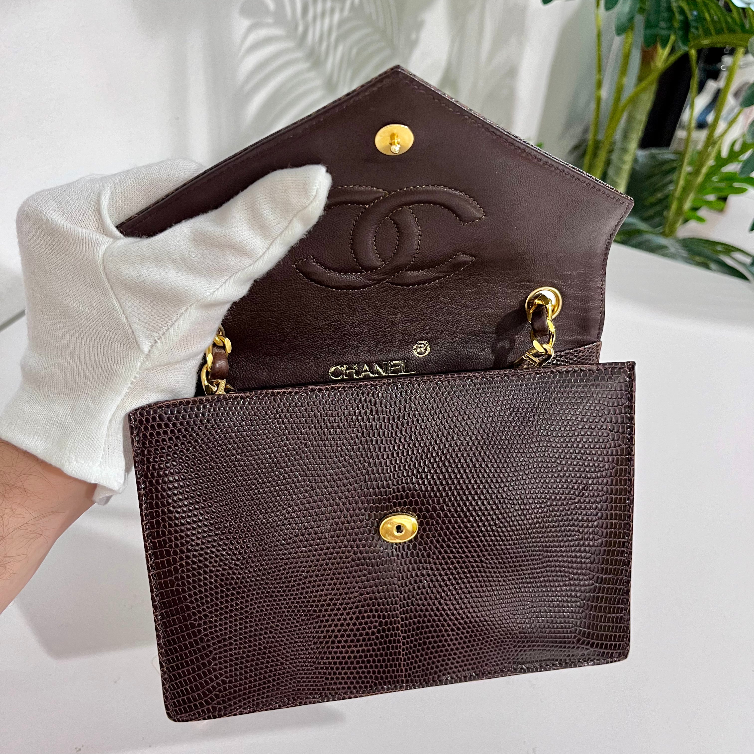 Chanel Vintage Brown Lizard Skin & Gold CC Logo Envelope Flap Bag