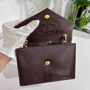 Chanel Vintage Brown Lizard Skin & Gold CC Logo Envelope Flap Bag