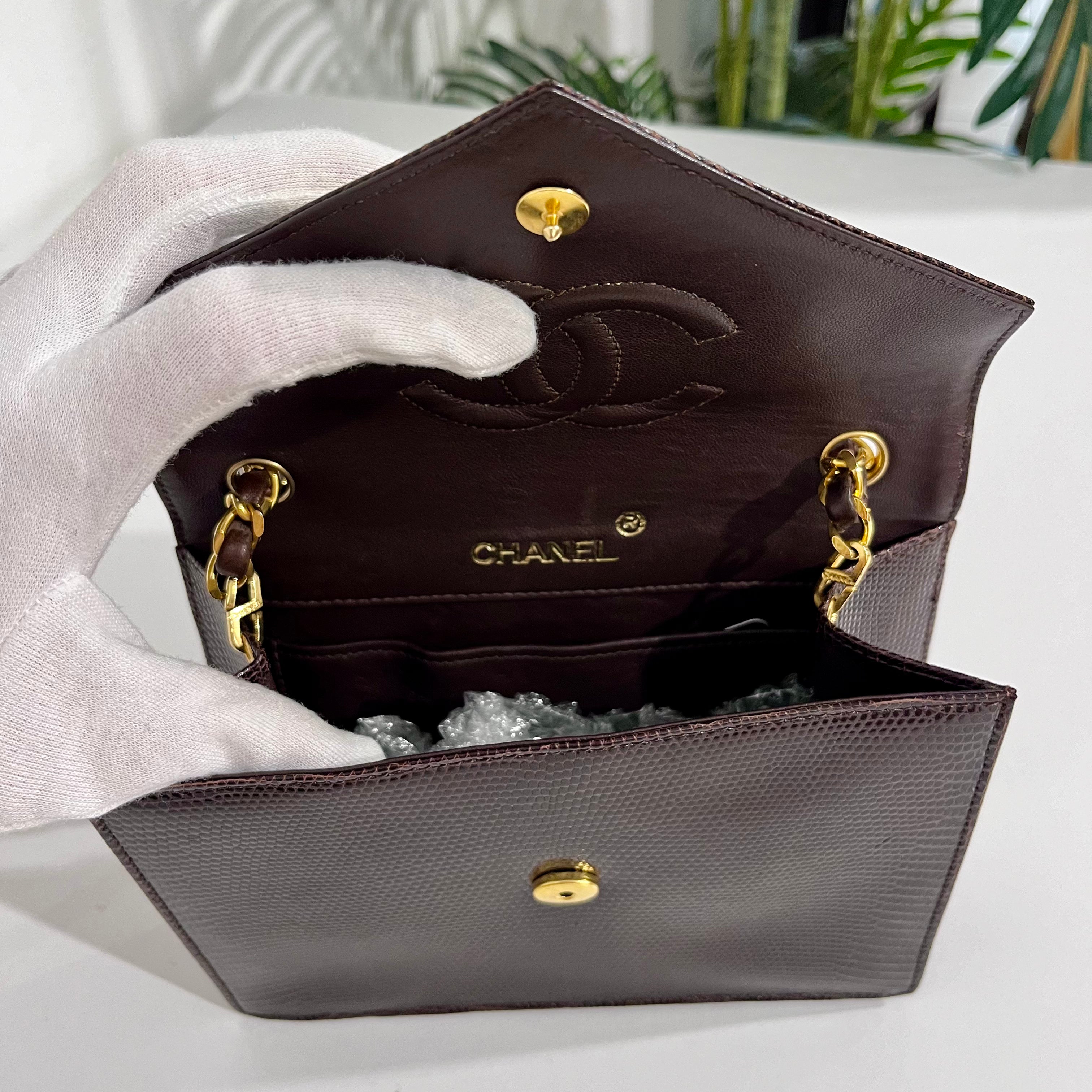 Chanel Vintage Brown Lizard Skin & Gold CC Logo Envelope Flap Bag