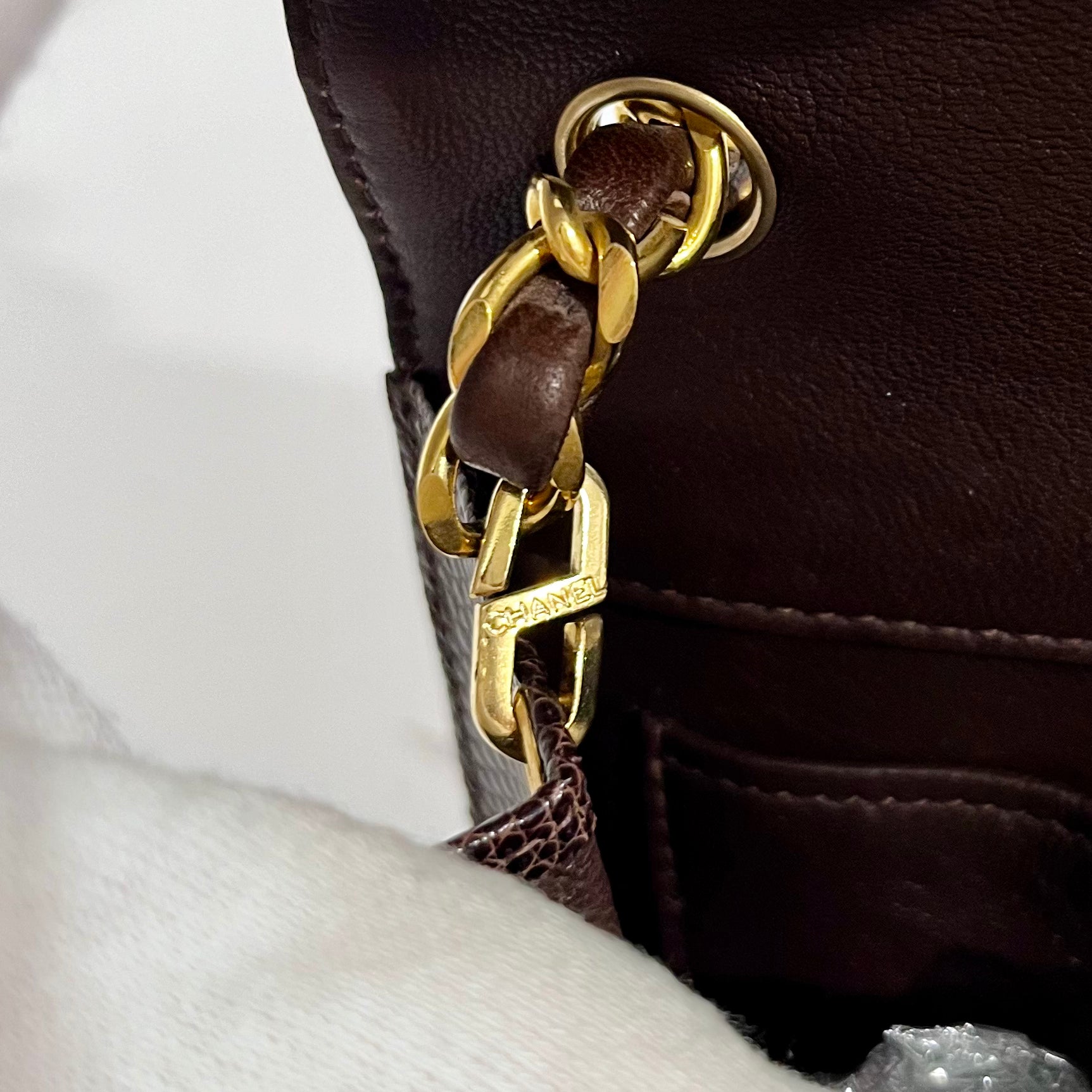 Chanel Vintage Brown Lizard Skin & Gold CC Logo Envelope Flap Bag