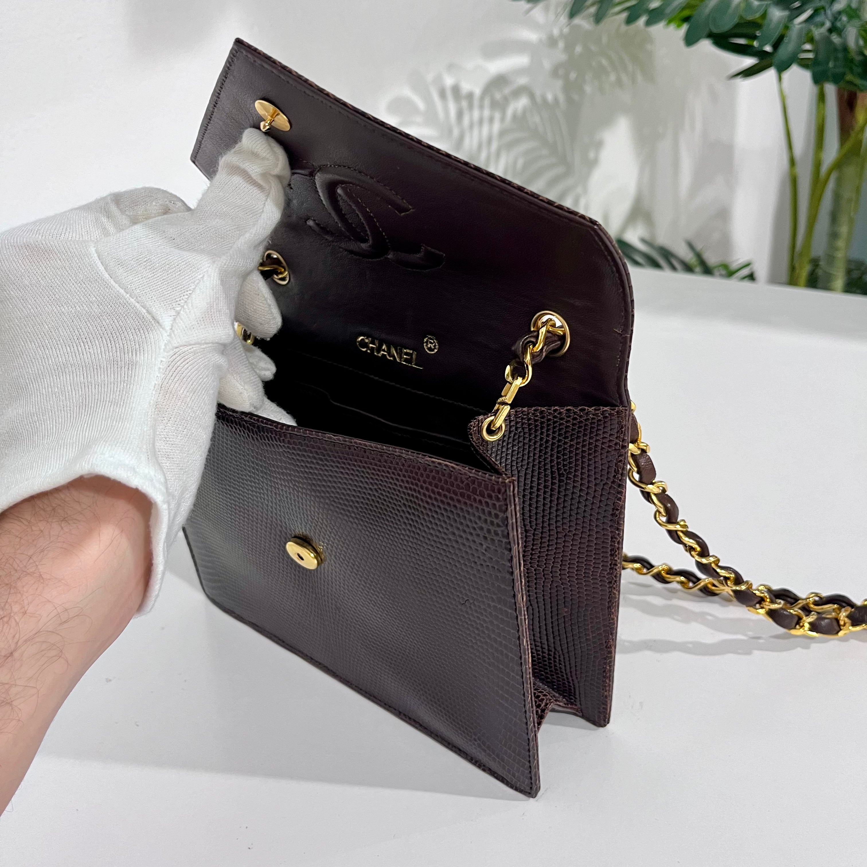 Chanel Vintage Brown Lizard Skin & Gold CC Logo Envelope Flap Bag