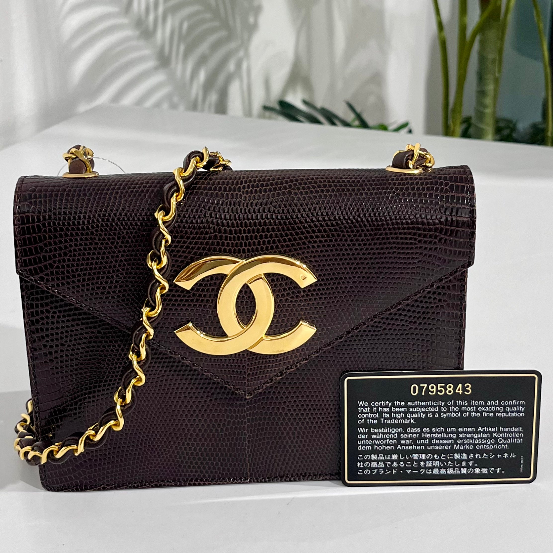 Chanel Vintage Brown Lizard Skin & Gold CC Logo Envelope Flap Bag