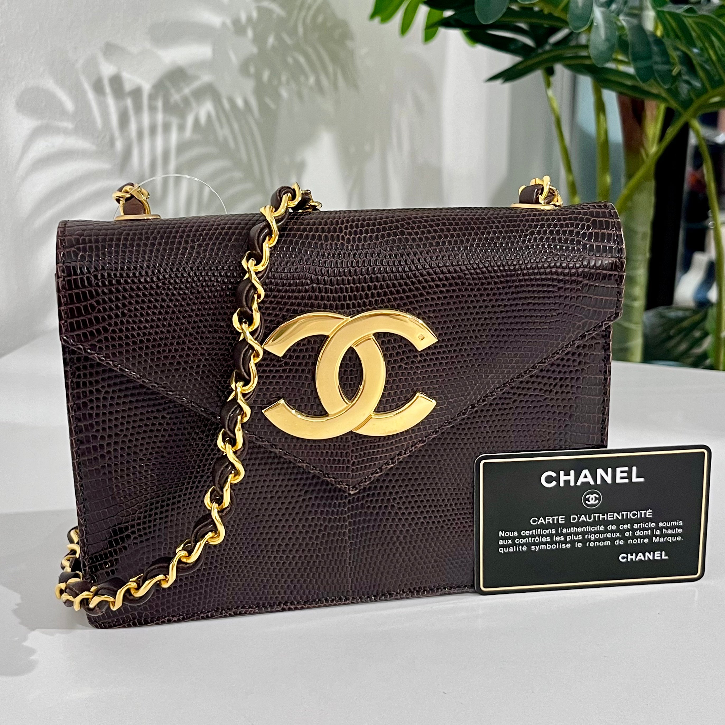 Chanel Vintage Brown Lizard Skin & Gold CC Logo Envelope Flap Bag