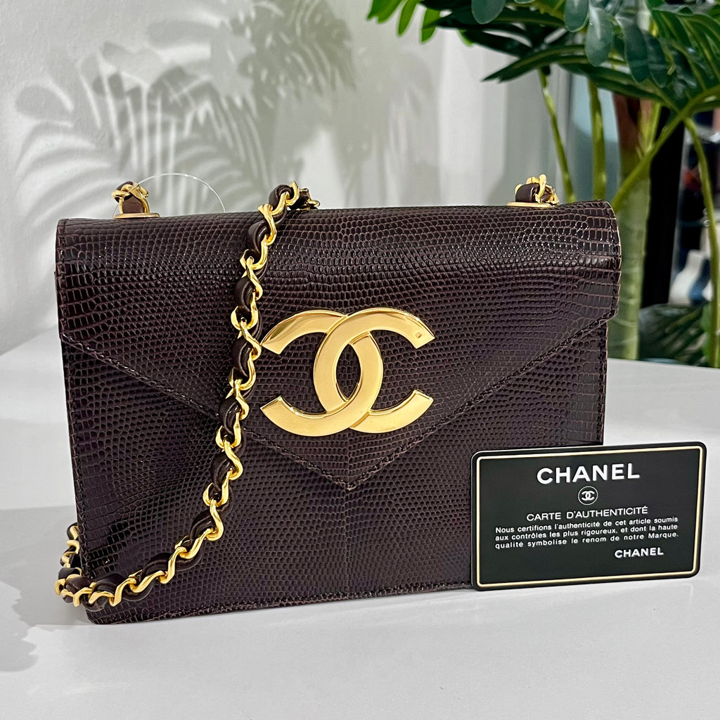 Chanel Vintage Brown Lizard Skin & Gold CC Logo Envelope Flap Bag