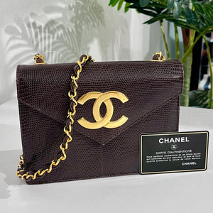 Chanel Vintage Brown Lizard Skin & Gold CC Logo Envelope Flap Bag