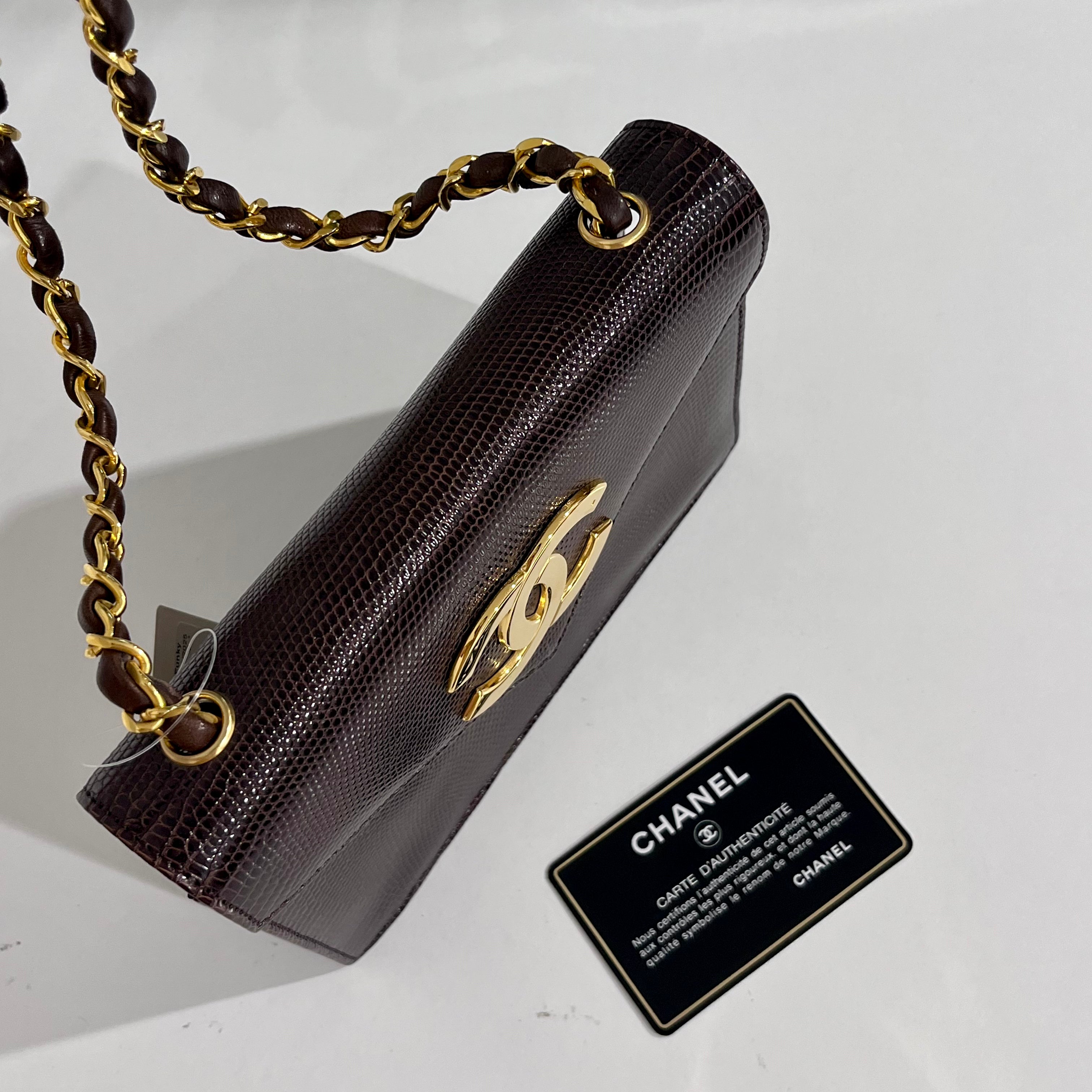 Chanel Vintage Brown Lizard Skin & Gold CC Logo Envelope Flap Bag