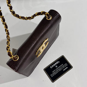 Chanel Vintage Brown Lizard Skin & Gold CC Logo Envelope Flap Bag
