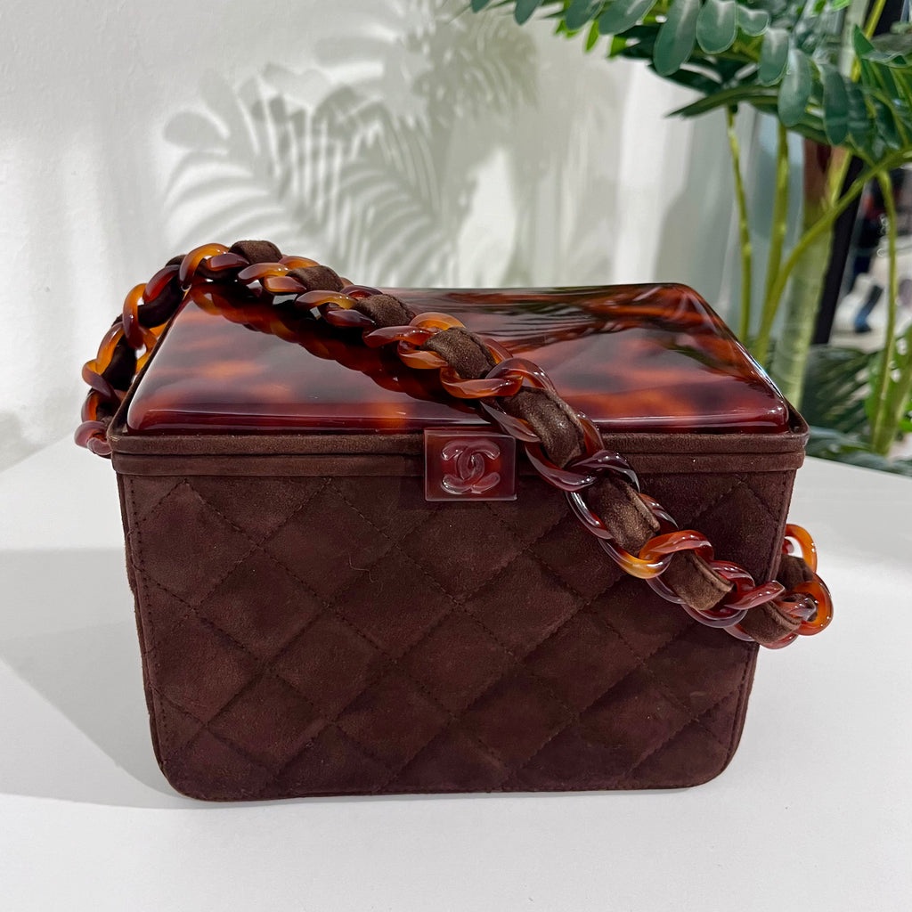 Chanel Vintage Quilted Brown Suede Box Bag with Tortoise Hardware