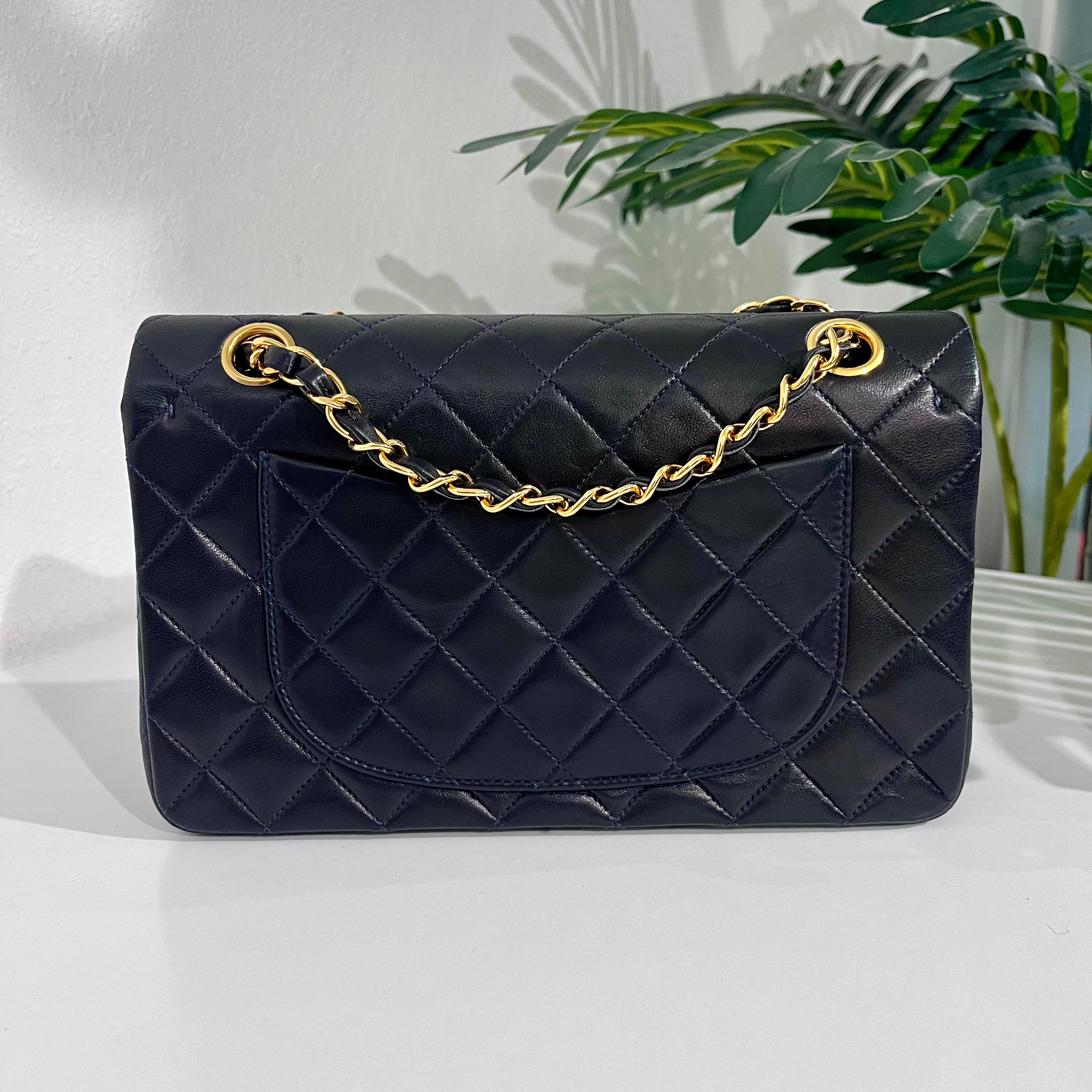 PRISTINE Vintage Navy Blue Lambskin Chanel Small Classic Double Flap Bag