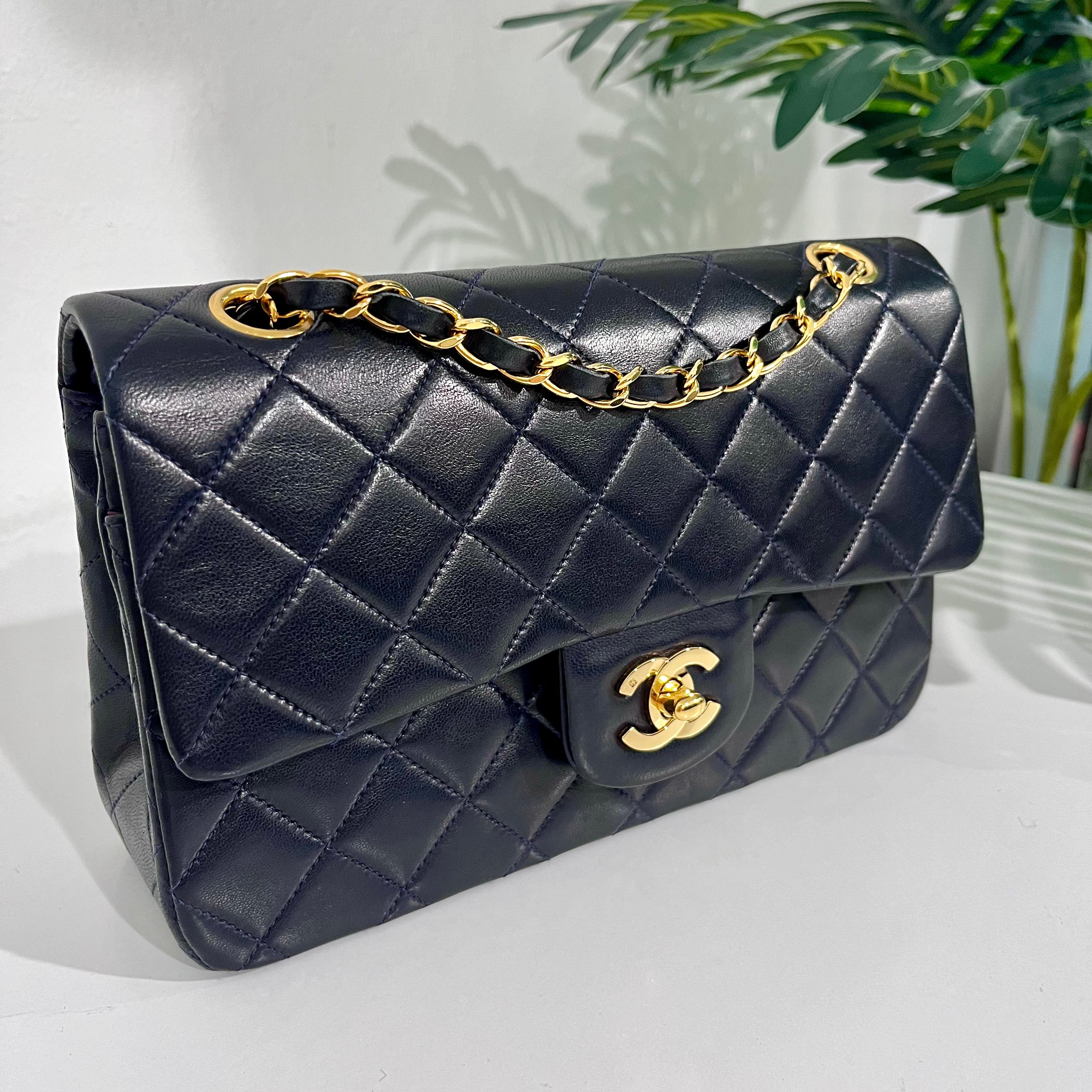 PRISTINE Vintage Navy Blue Lambskin Chanel Small Classic Double Flap Bag