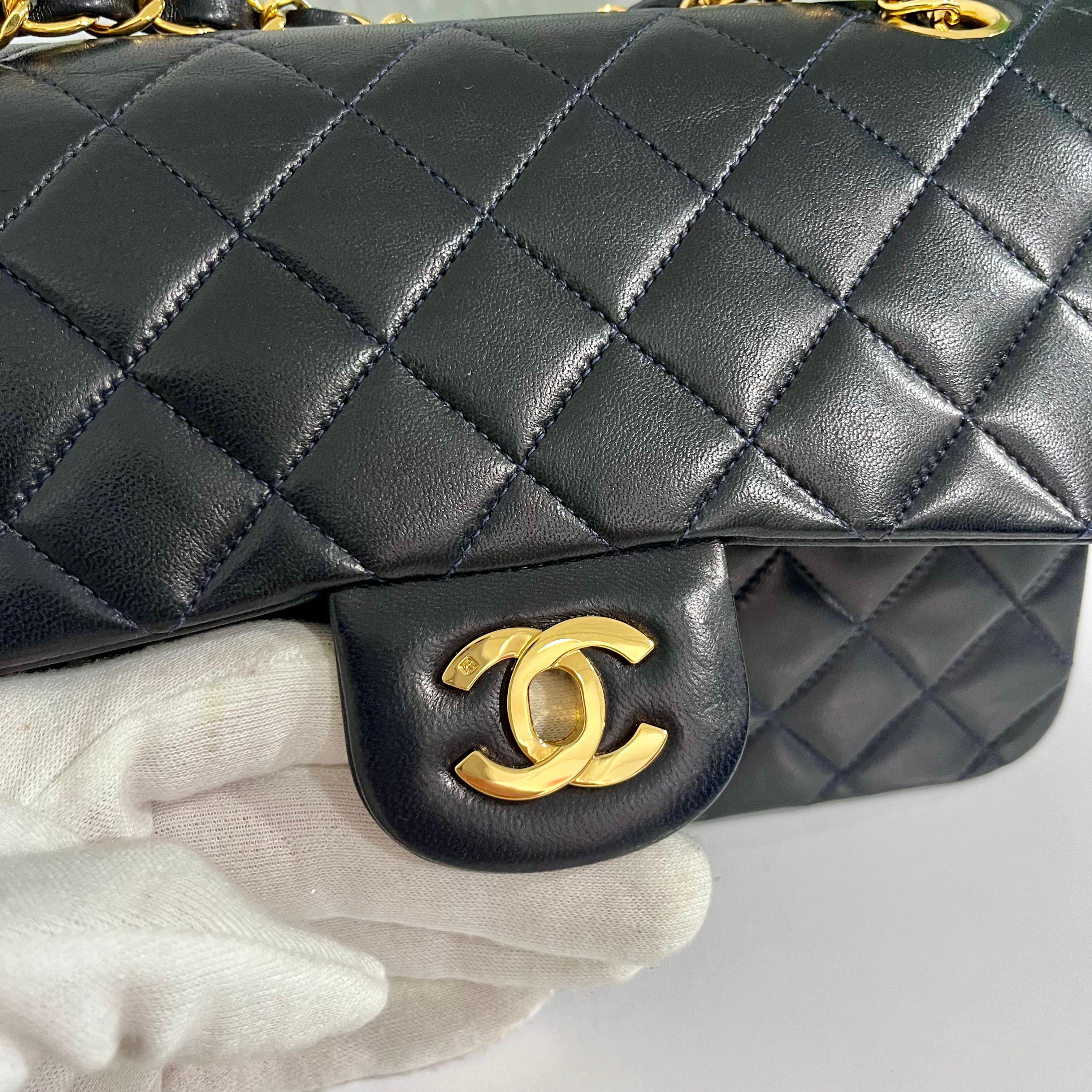 PRISTINE Vintage Navy Blue Lambskin Chanel Small Classic Double Flap Bag