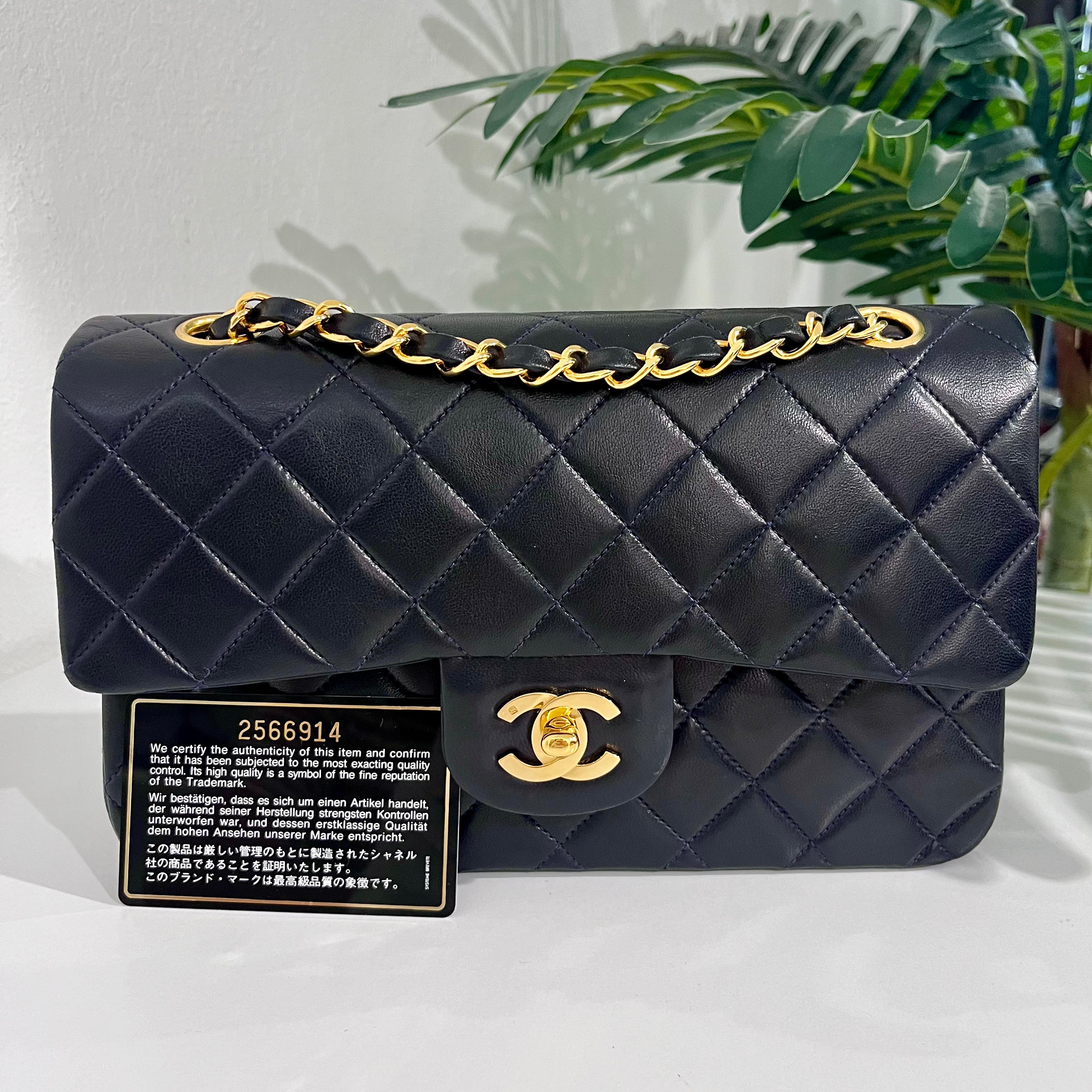 PRISTINE Vintage Navy Blue Lambskin Chanel Small Classic Double Flap Bag