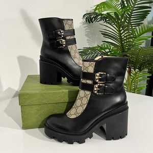 Gucci Monogram & Black Leather Ankle Combat Boots