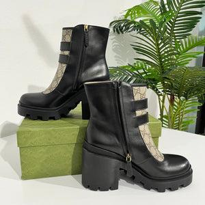 Gucci Monogram & Black Leather Ankle Combat Boots