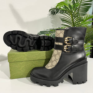 Gucci Monogram & Black Leather Ankle Combat Boots