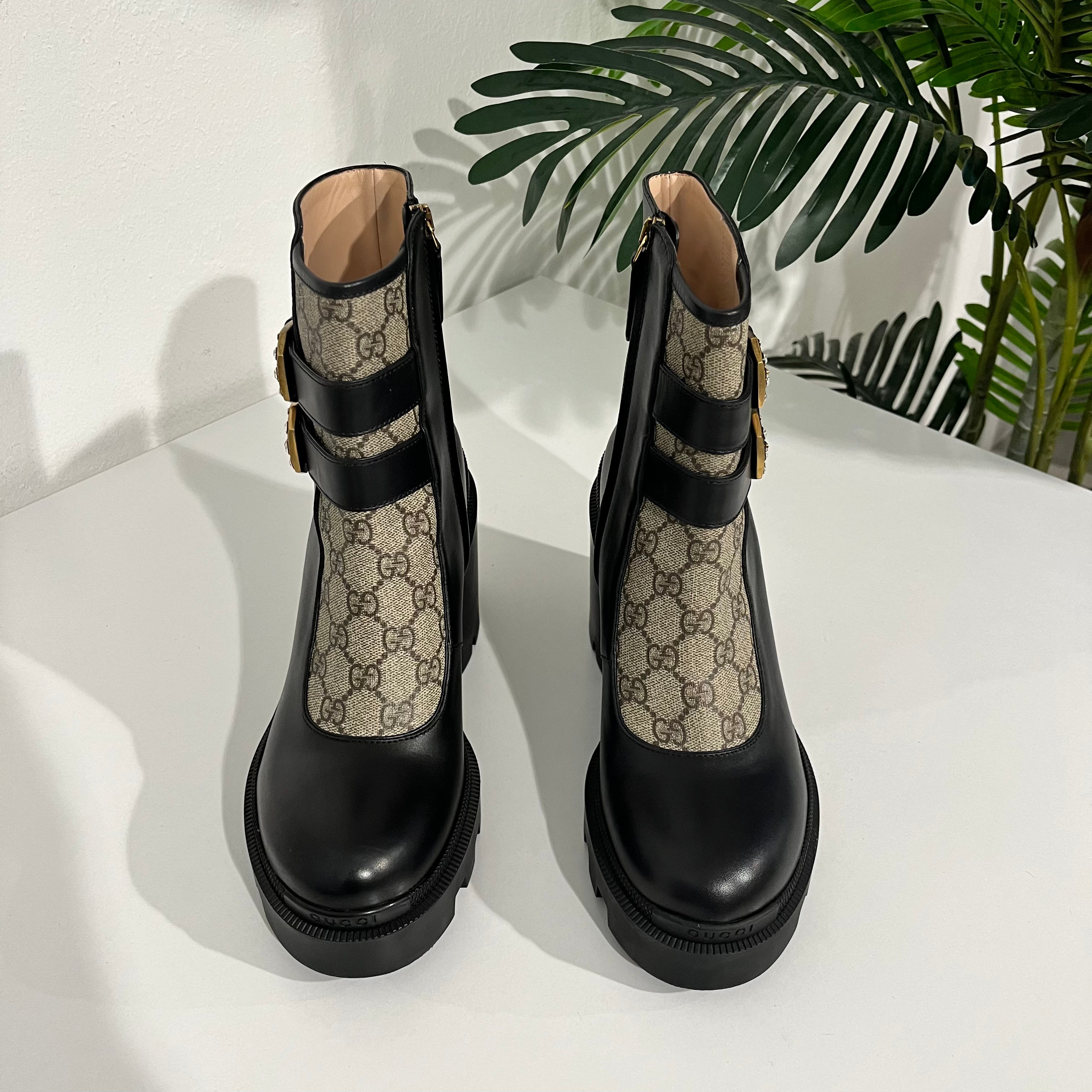 Gucci Monogram & Black Leather Ankle Combat Boots