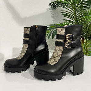 Gucci Monogram & Black Leather Ankle Combat Boots