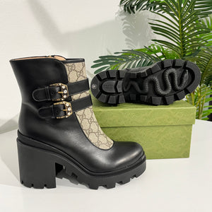 Gucci Monogram & Black Leather Ankle Combat Boots