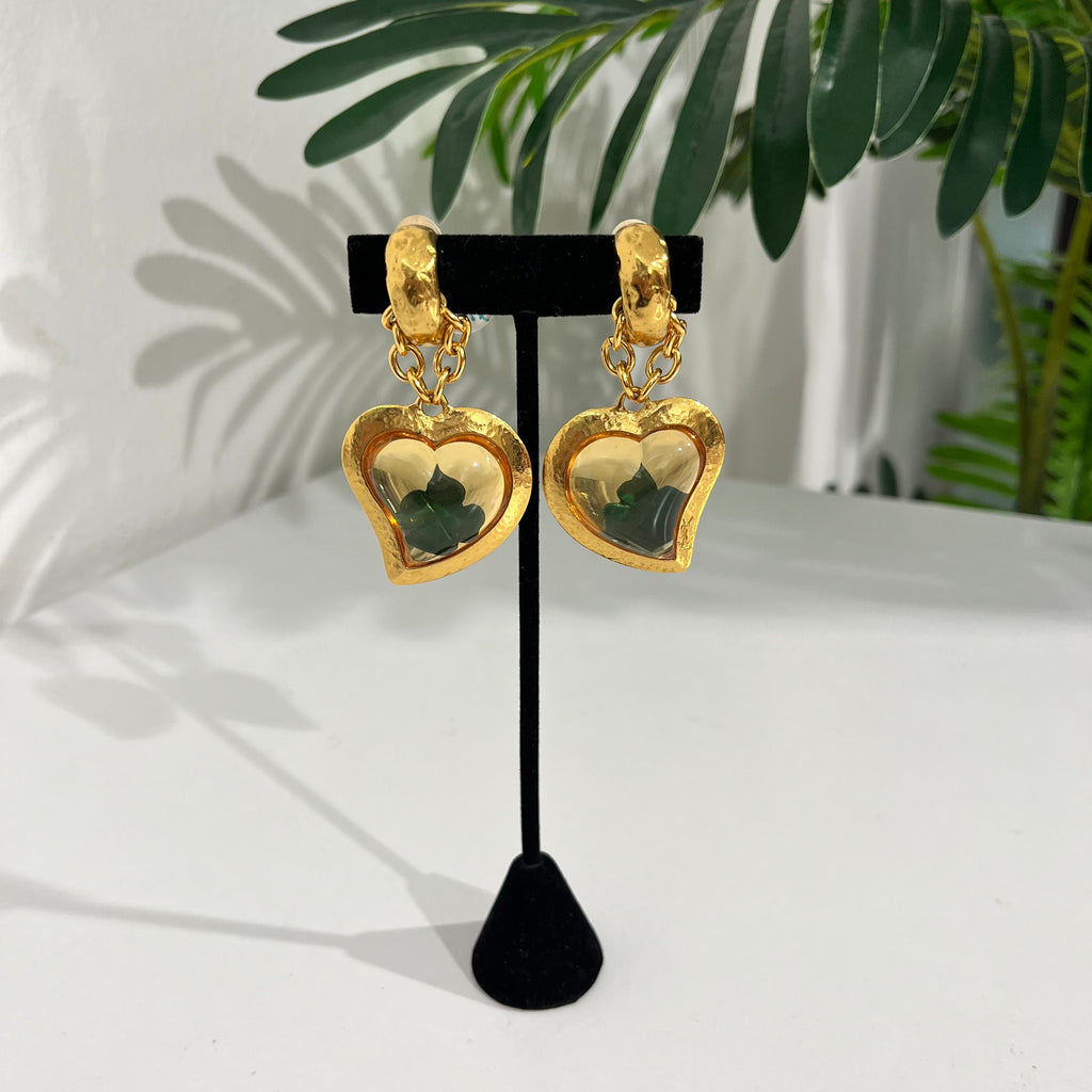 Vintage YSL Gold Heart Drop Clip Earrings w/ Green Clover