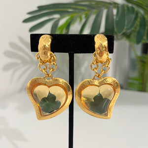 Vintage YSL Gold Heart Drop Clip Earrings w/ Green Clover