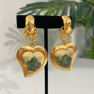 Vintage YSL Gold Heart Drop Clip Earrings w/ Green Clover