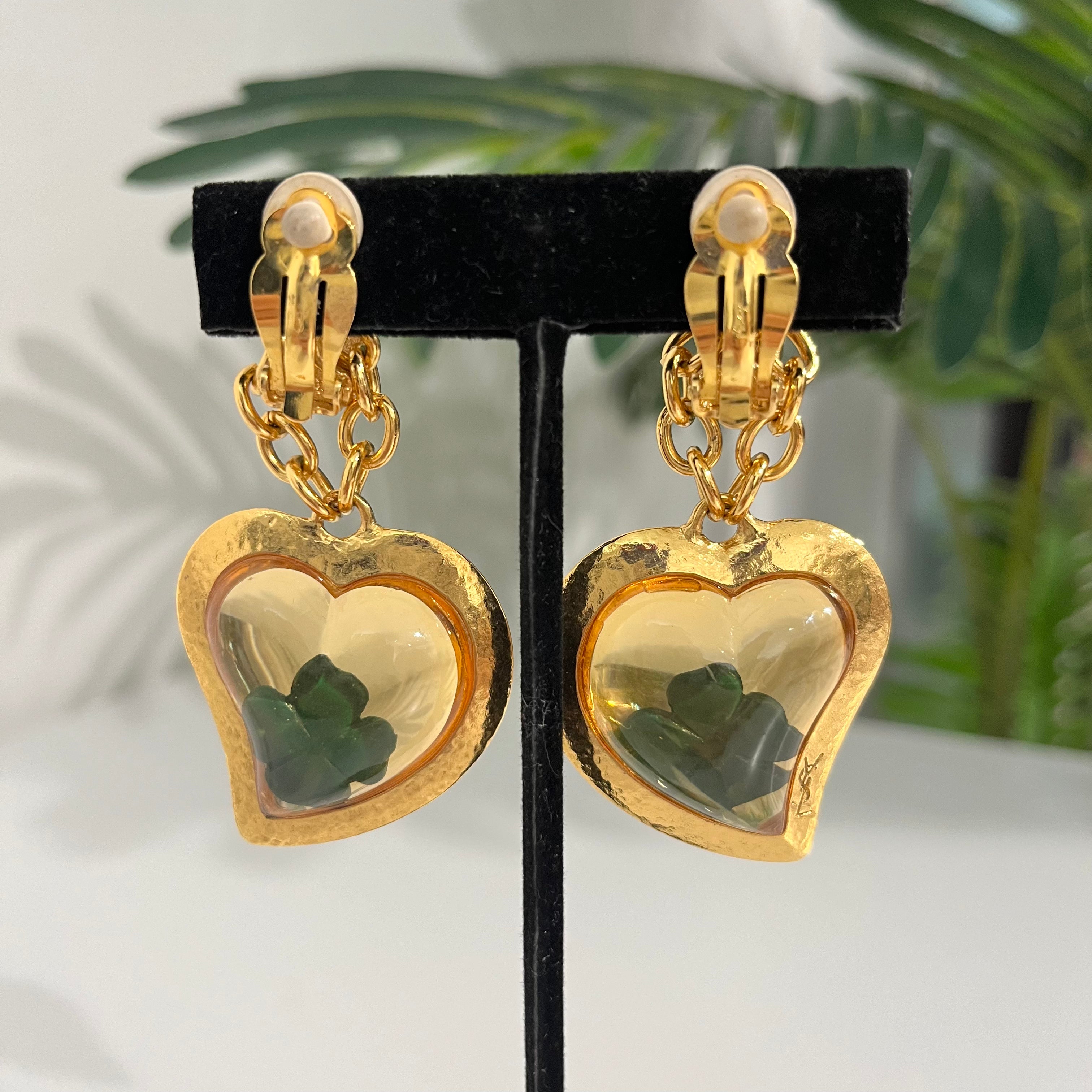 Vintage YSL Gold Heart Drop Clip Earrings w/ Green Clover