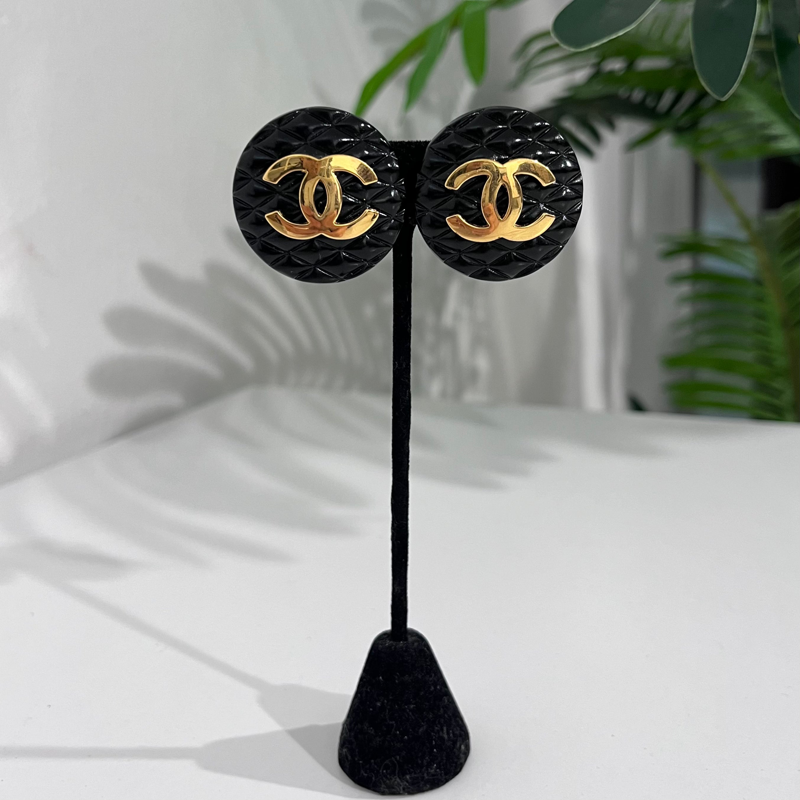 Chanel Classic Black Quilted Resin & Gold CC Clip Earrings