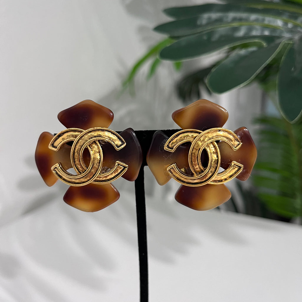 Chanel Tortoise Clover CC Clip Earrings