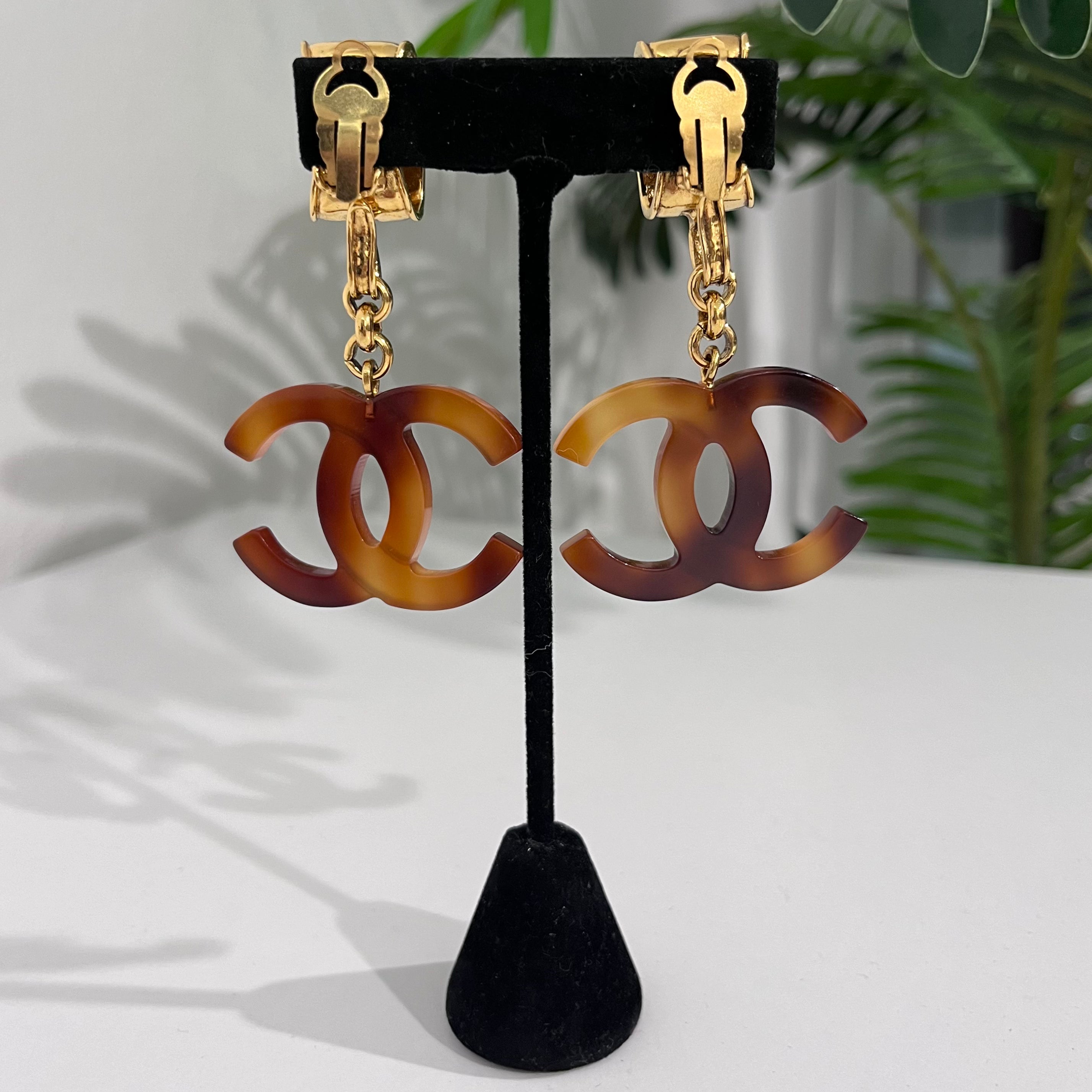 Chanel Tortoise CC Drop Clip Earrings