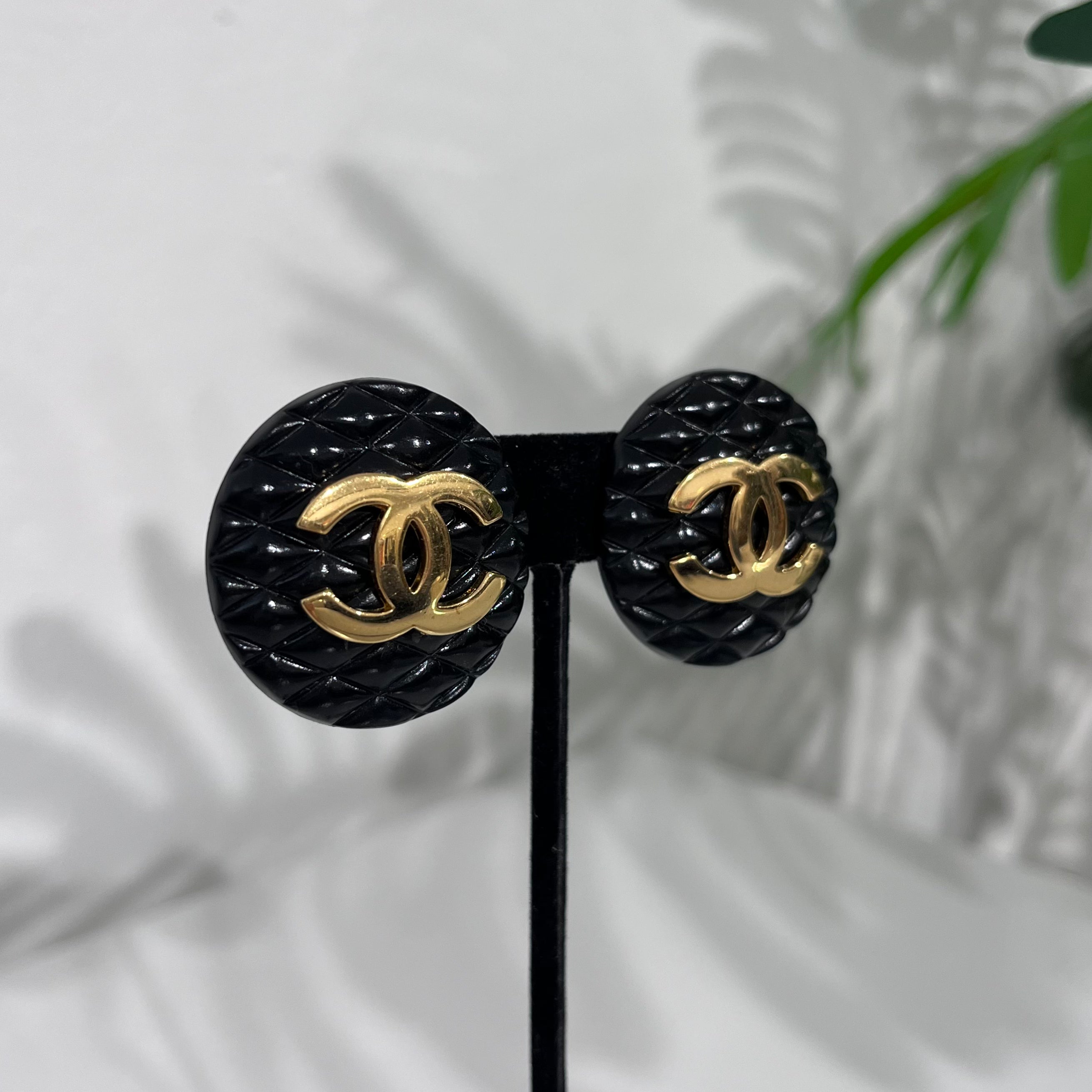 Chanel Classic Black Quilted Resin & Gold CC Clip Earrings