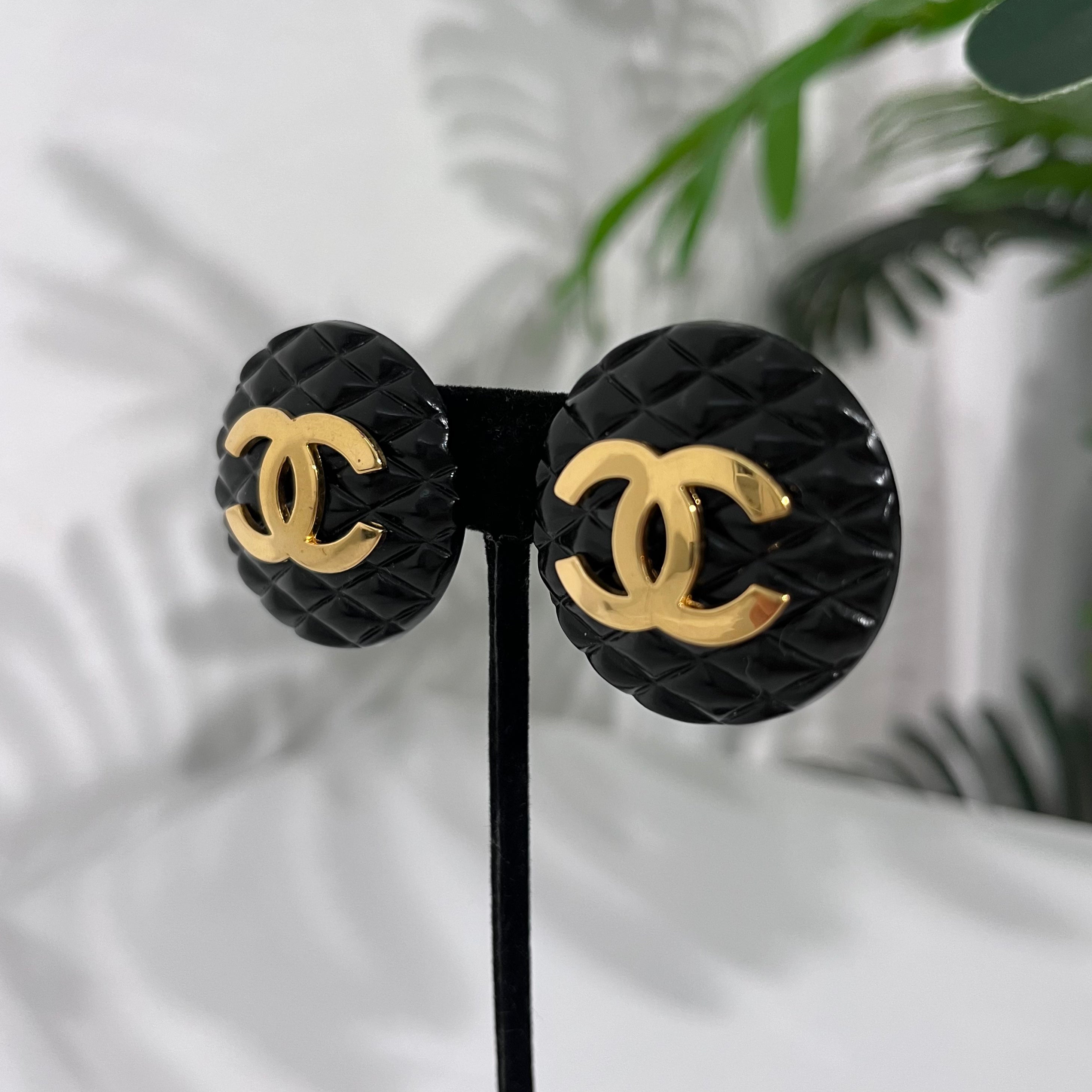 Chanel Classic Black Quilted Resin & Gold CC Clip Earrings