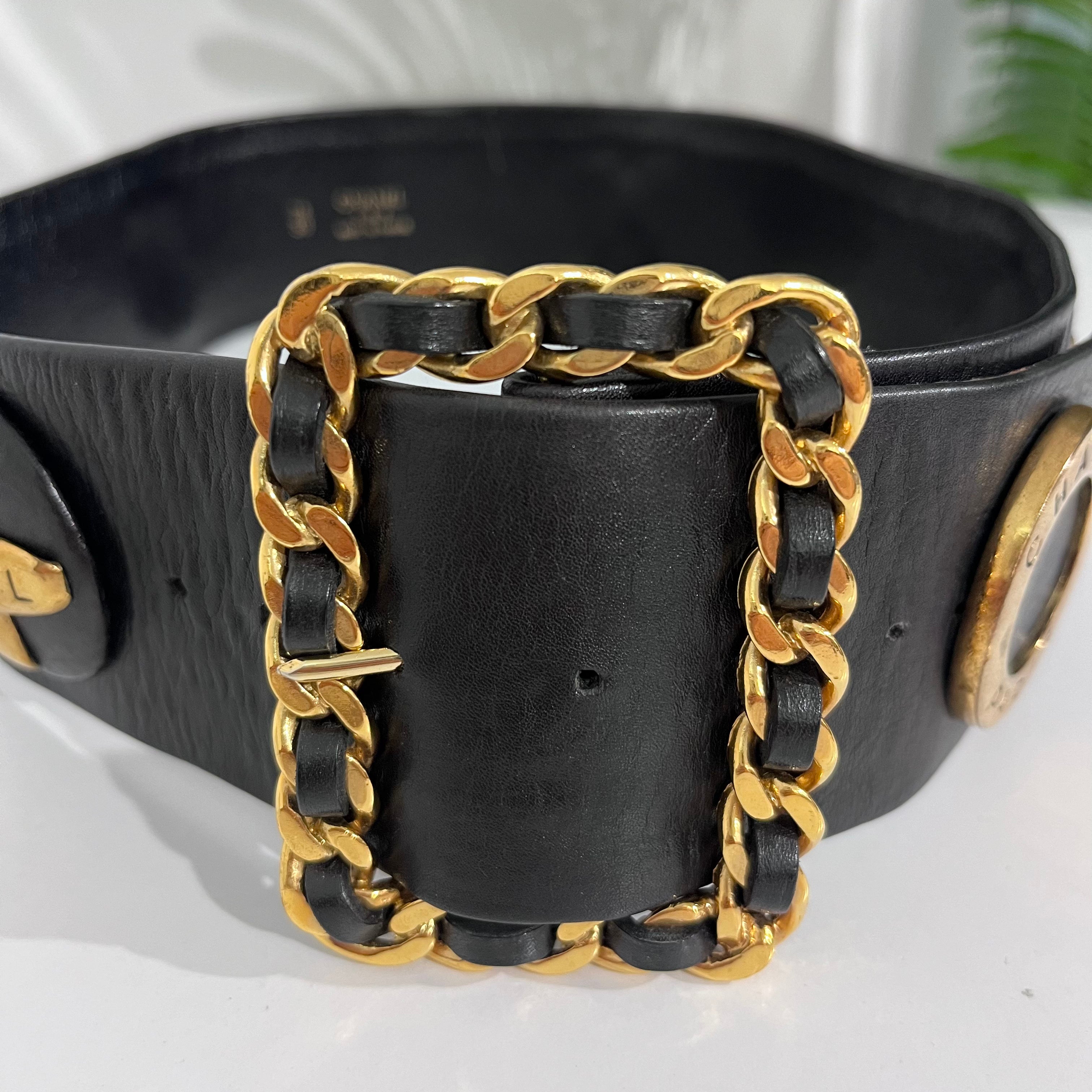 Chanel Wide Black Leather Charm Belt