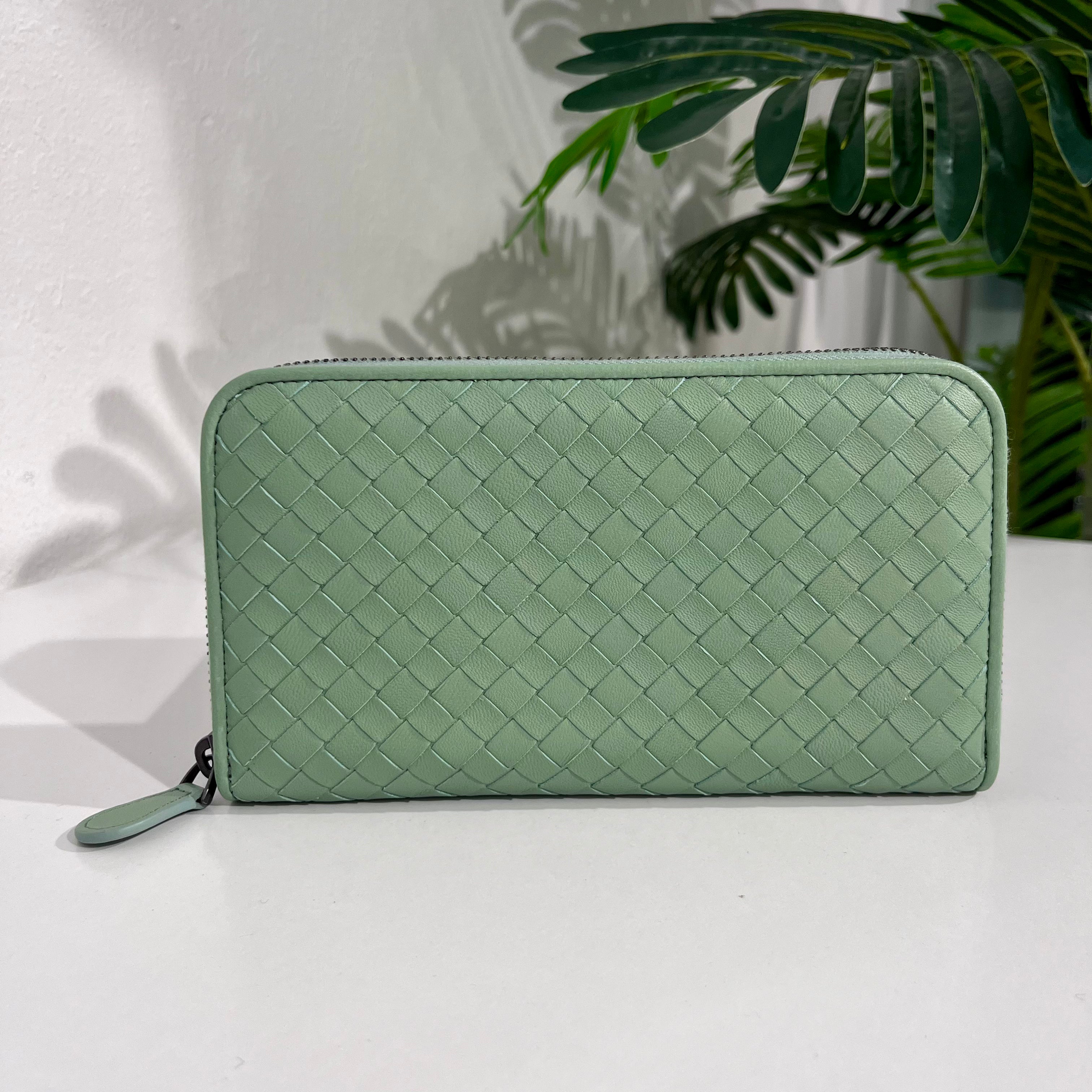 Bottega Veneta Sage Green Woven Leather Zip Around Wallet