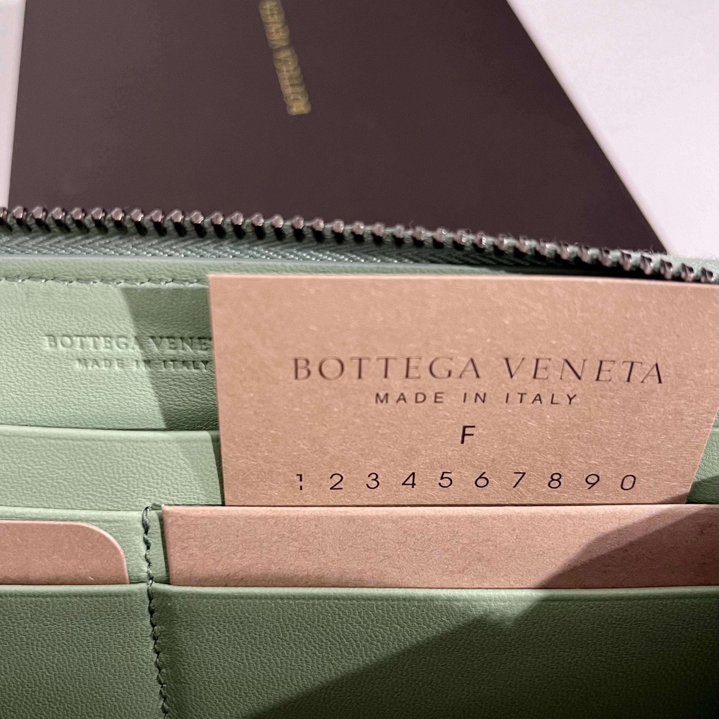 Bottega Veneta Sage Green Woven Leather Zip Around Wallet