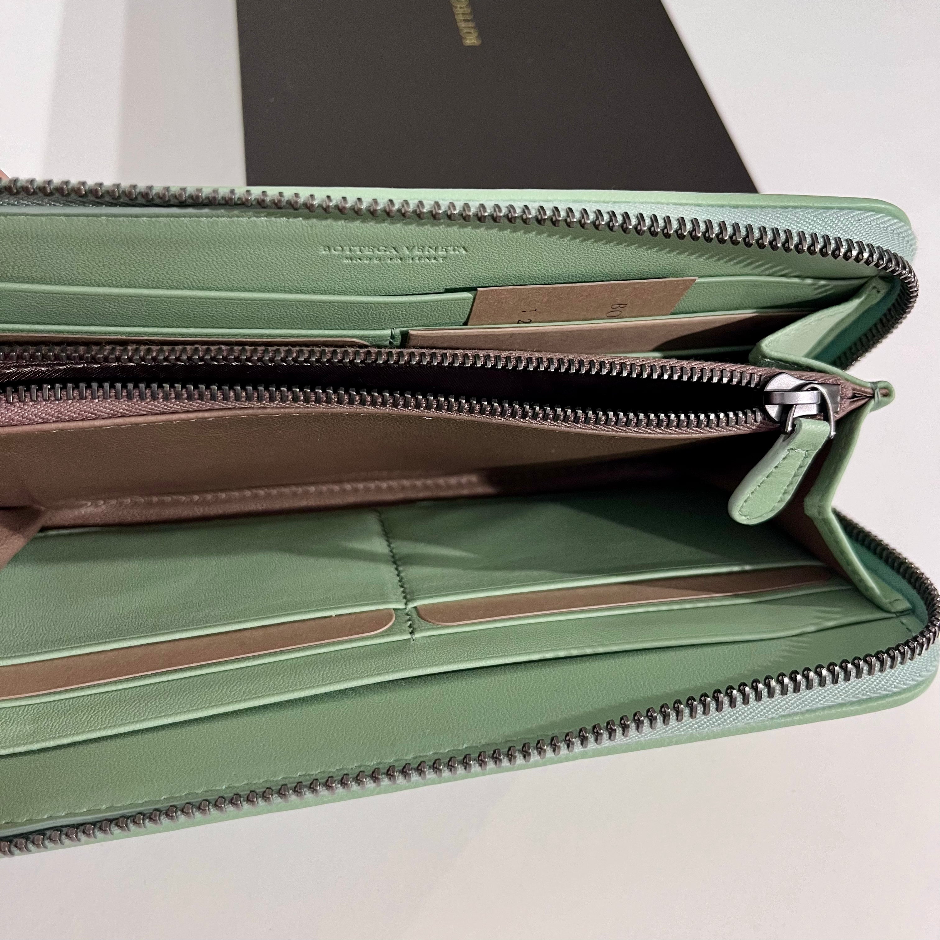 Bottega Veneta Sage Green Woven Leather Zip Around Wallet