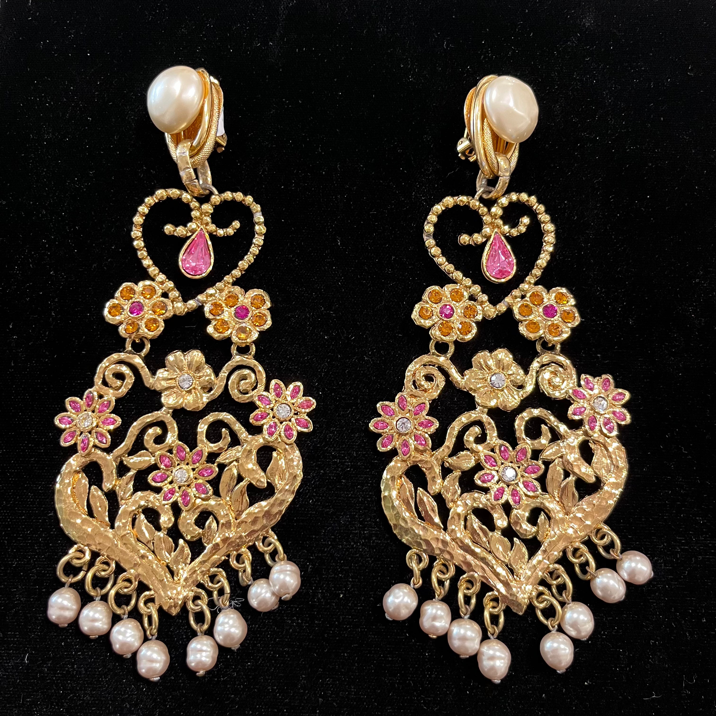 Christian Lacroix Ornate Floral Rhinestone & Faux Pearl Drop Clip Earrings